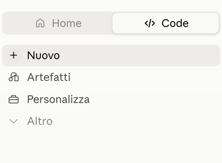 Scheda Code nell'app desktop di Claude, accanto alla scheda Home